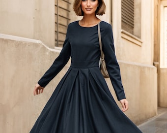 Midi Wool Dress, Black Embroidered Dress, Long Sleeve Wool Dress, Fit and  Flare Dress, Swing Winter Dress, Custom Dress, Xiaolizi 4663# - Etsy