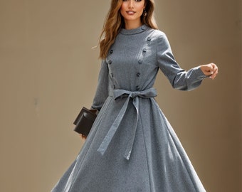 wool dress, Long wool dress, fitted and flare dress, gray wool dress, womens belted dress, autumn dress, winter dress, Custom dress, L0650