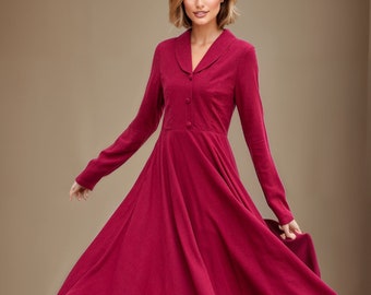 wool dress, womens wool dress, burgundy long dress, swing dress, fitted and flare dress, autumn dress, winter dress, custom dress L0656