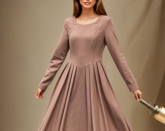 wool dress, womens dress, pleated dress, midi wool dress, women long sleeves dress, flare dress, autumn winter wool dress,custom dress L0651