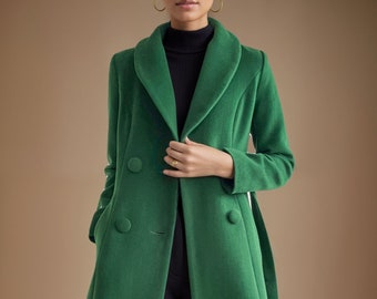 Wool coat, Green Long wool coat, Womens Wool Coat, Belted Wool Coat, Winter Coat women, Wool coat with pockets, Custom wool Coat L0643