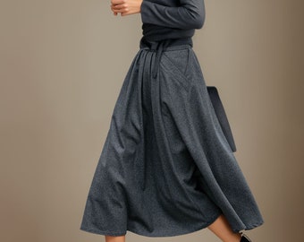 wool skirt, womens skirt, swing skirt, pleated skirt, mid length skirt, dark gray skirt, autumn skirt, winter skirt, custom skirt L0653