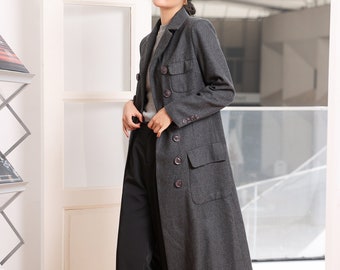 Grauer Langer Wollmantel, Damen Wollmantel, Wollmantel Damen, Wintermantel Damen, A-Linie Wollmantel, Wollmantel mit Taschen L0275