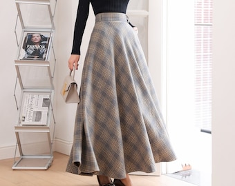 Women's Long Wool maxi Plaid Skirt, Wool Maxi Skirt Women, Vintage Inspired Swing Skirt, High Waisted wool Skirt, Custom wool Skirt L0283