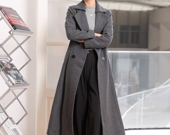 Gray wool coat, Women's Long Wool Coat, Winter Coat women, Wool coat women, A-Line wool Coat, Belted Wool coat with pocket L0276