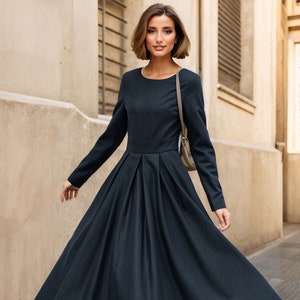 Black Wool Dress, Winter Wool Dress women, Midi wool dress, Long Sleeves wool Dress, Fit and Flare Dress, Womens Dresses, Custom dress L0648