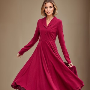 wool dress, womens wool dress, burgundy long dress, swing dress, fitted and flare dress, autumn dress, winter dress, custom dress L0656