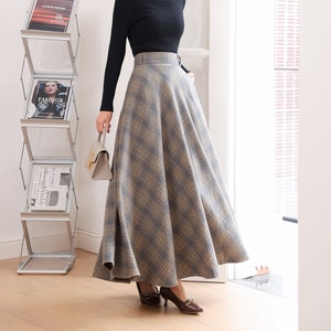 Jupe longue à carreaux maxi en laine pour femmes, jupe maxi en laine femmes, jupe swing d’inspiration vintage, jupe en laine taille haute, jupe en laine personnalisée L0283