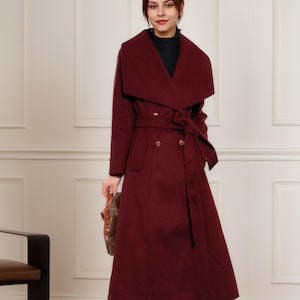 Elegant Burgundy Wool Blend Long Coat for Women, Chic Double-Breasted Style for Fall/Winter Events, Wool wrap coat, Handmade wool coat L0278