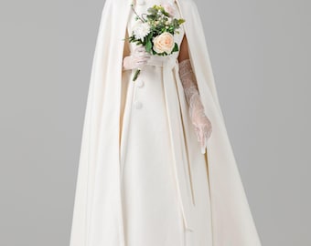 Ivory Wool Hooded Bridal Cape – Handmade Winter Wedding Cloak with Belt L0752