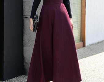 Burgundy Wool A-Line Skirt | Vintage-Inspired Knee-Length Winter Skirt  High Waist Elegant Fall/Winter Skirt with Pockets L0715