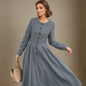 Gray Wool Dress, Midi wool dress, Winter Wool Dress women, Long Sleeves wool Dress, Fit and Flare Dress, Womens Dresses, Custom dress L0636