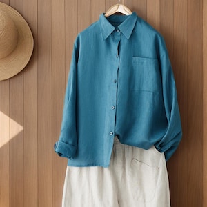 Linen shirt, Oversized Linen shirt, Classic Linen shirt, Blue Linen shirt for women, Washed linen shirt, Casual Linen shirt L0097