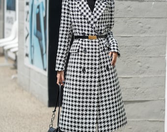Houndstooth wool coat, Womens Long Wool Coat, Winter Coat women, Winter wool Coat, Double breasted wool Coat with pockets, Custom Coat L0544