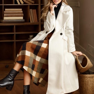 Stylish White Wool Blend Long Coat for Women, Elegant Double-Breasted Outerwear for Fall/Winter Events, Custom wool coat L0235#