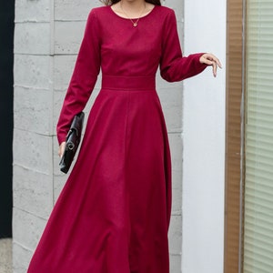 Winter Wool Dress, Wine Red Wool Dress, Long Sleeves Dress, Fit and Flare Dress, Elegant Dress, Womens Dresses, Made to Order L0442