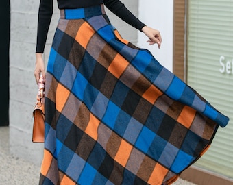 Long Wool Skirt, Plaid Skirt, Womens Skirt, Winter Skirt, A-Line Skirt, Warm Skirt, Plus Size Skirt, Elegant Skirt, Elastic waist L0445
