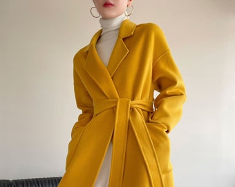 Cappotto di lana giallo, cappotto di lana lungo, cappotto di lana oversize, cappotto invernale autunnale da donna, cappotto di lana da donna, cappotto di lana con cintura, cappotto di lana caldo L0187