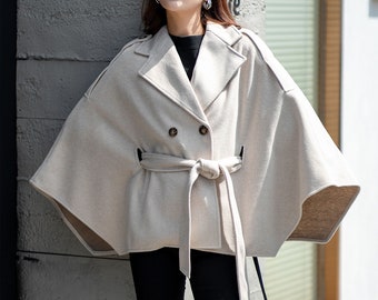 Manteau cape en laine blanc cassé, manteau cape en laine pour femme, manteau cape chaud d'hiver, cape en laine surdimensionnée, cape en laine grande taille, manteau personnalisé L0543