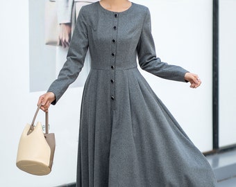 Midi wool dress, Gray Wool Dress, Winter Wool Dress women, Long Sleeves wool Dress, Fit and Flare Dress, Womens Dresses, Custom dress L0534