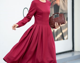 Robe midi en laine, robe longue rouge en laine, robe évasée en laine, robe en laine à manches longues, robe en laine pour femme, robe en laine d'hiver, robe personnalisée L0540