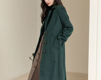 Women's Green Wool Coat, Long Wool Coat, Winter Warm Coat, Belted Wool Coat, Plus Size Coat, Coat with Pockets, Handmade Coat L0239
