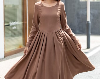 Winter Wool Dress, Wool Midi dress, Camel Wool Dress, Long Sleeves wool Dress, Fit and Flare Dress, Womens Retro wool Dresses L0474