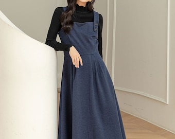 Wool dress, Blue pinafore dress, Suspender dress, Wool Midi dress for women, Autumn Wool Dress Women, Custom dress L0240