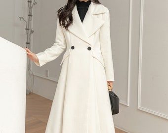 White wool coat, Long wool coat, Wool coat women, Winter coat women, wool princess coat, wedding coat, Custom wool coat L0235#