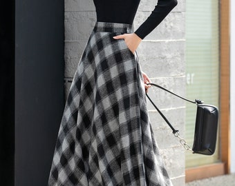 Plaid wool skirt, Long Wool Skirt, Winter Skirt Women, Plaid Skirt, A-Line Skirt, Elegant Skirt, Elastic Waist Skirt, Custom skirt L0454