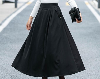 Jupe Midi noire, jupe swing femme, jupe taille haute, jupe ligne A pour femmes, jupe automne hiver, jupe personnalisée, jupe faite à la main L0465
