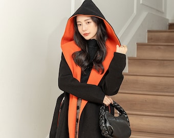 Hooded wool coat, Women's Wool Hooded Coat, Belted Wool Coat, Winter Coat women, Oversized Wool Coat, Plus Size Coat, Custom Coat L0238
