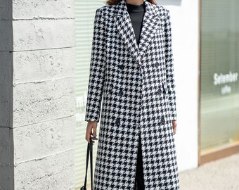 Houndstooth wool coat, Womens Long Wool Coat, Winter Coat women, Winter wool Coat, Double breasted wool Coat with pockets, Custom Coat L0544