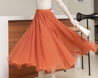 Women's Orange Midi Tulle Skirt, Tulle Skirt, Long Skirt, Elastic Waist Tulle Skirt, Bridesmaid Skirt, Plus Size Circle Skirt L0237