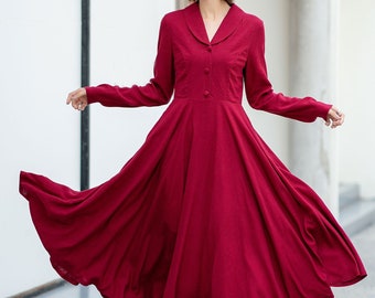 Robe en lin rouge, robe longue en lin, robe midi en lin pour femme, robe évasée en lin, robe chemise en lin, robe personnalisée L0530