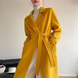 Yellow Wool Coat, Long Wool Coat, Oversized Wool Coat, Women's Autumn Winter Coat, Wool Coat Women, Belted Wool Coat, Warm Wool Coat L0187