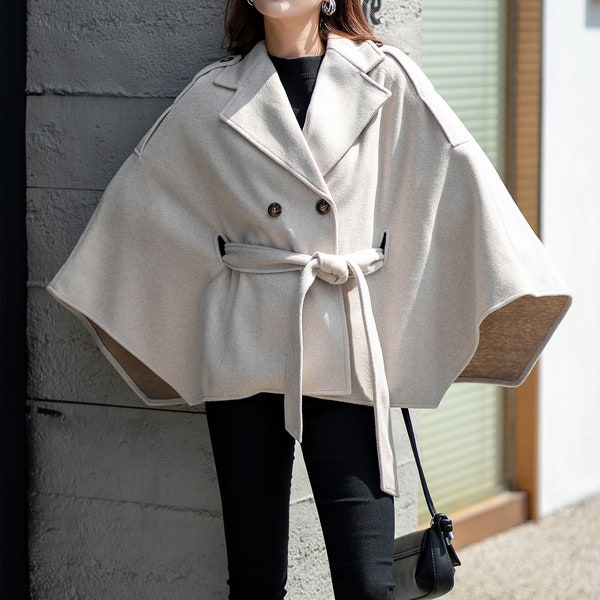 Off white wool cape coat, Womens Wool cape Coat, Winter Warm cape coat , Oversized Wool Cape, Plus size wool cape, Custom Coat L0543