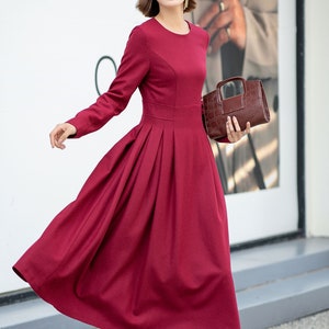 Midi Wool dress, Red long wool dress, Swing wool dress, Long sleeves wool dress, Womens wool dress, Winter wool dress, Custom dress L0540