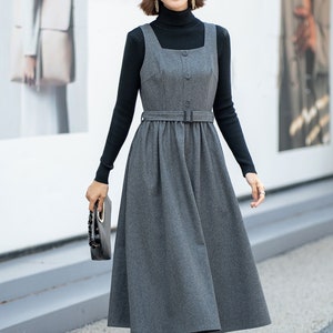 Gray wool pinafore dress, Wool apron dress,  Womens midi wool dress, Sleeveless wool dress, Winter long Wool Dress, Custom dress L0535