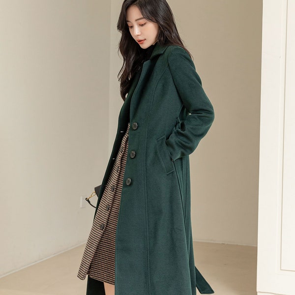 Cappotto di lana verde da donna, Cappotto di lana lungo, Cappotto caldo invernale, Cappotto di lana con cintura, Cappotto Plus Size, Cappotto con tasche, Cappotto fatto a mano L0239