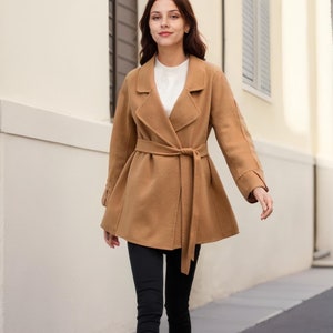 Short Wool coat, Wool wrap coat, women&#39;s autumn winter wool coat with pockets, Belted wool coat, Women&#39;s Warm wool coat, Custom coat L0285