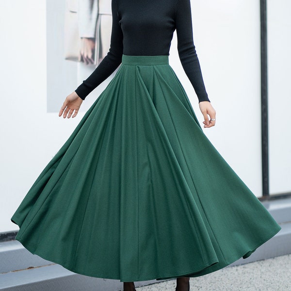 Green Wool Skirt, Maxi Wool Skirt Women, Winter Wool Skirt, A-Line Skirt, Swing Warm Skirt, High Waisted Skirt, Custom Skirt L0536