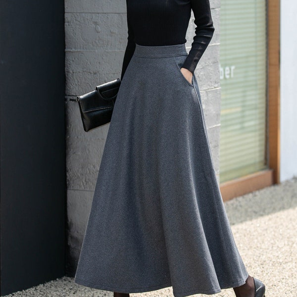 Wool skirt, Winter Wool Skirt Women, Midi wool Skirt, A-Line Skirt, Gray Skirt, Elegant Skirt, Elastic Waist Skirt, Custom skirt L0449