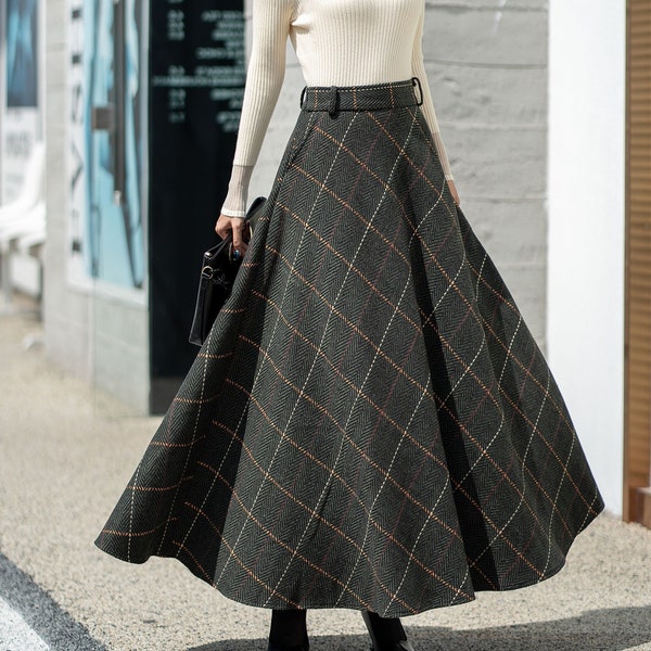 Green Plaid wool skirt, Long Wool Skirt, Winter Tartan Skirt Women, A-Line Skirt, Elegant Skirt, Elastic Waist Skirt, Custom skirt L0546