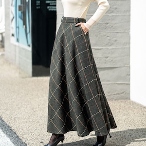 Grüner Wollrock kariert, Langer Wollrock, Winter Tartan Rock Frauen, A-Linie Rock, Eleganter Rock, Elastischer Taillen Rock, Maßgeschneiderter Rock L0546