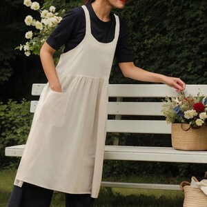 Rustic Linen Apron Dress with Pockets – Vintage-Inspired Lightweight Pinafore for Kitchen, Gardening, or Casual Wear L0704