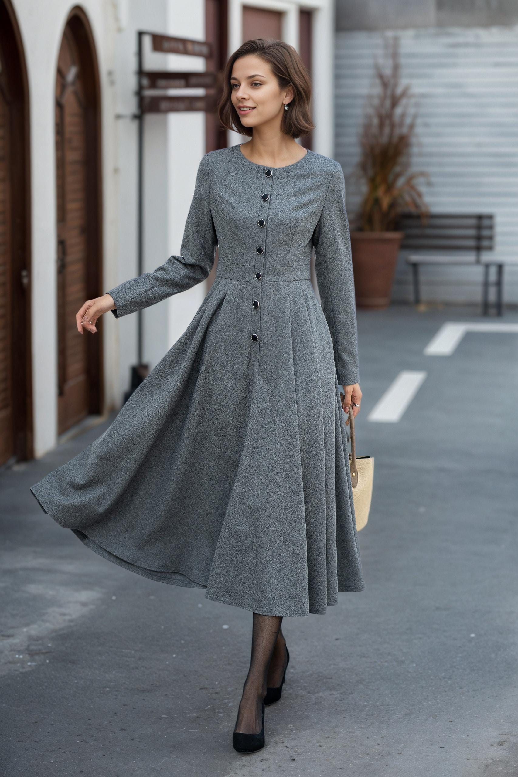 long wool dress Caroline Ribbed Twirl The twirl Gray Wool Dress, Midi Wool