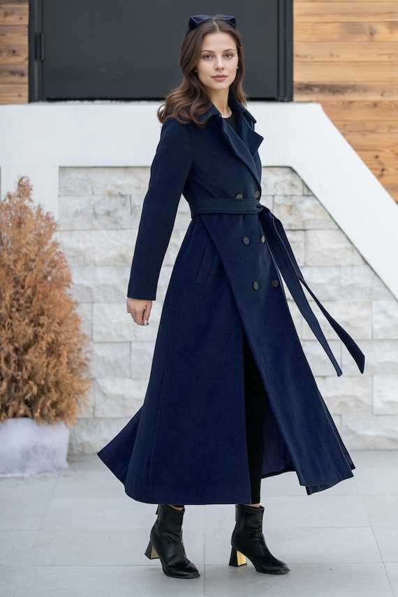 navy blue long wool trench