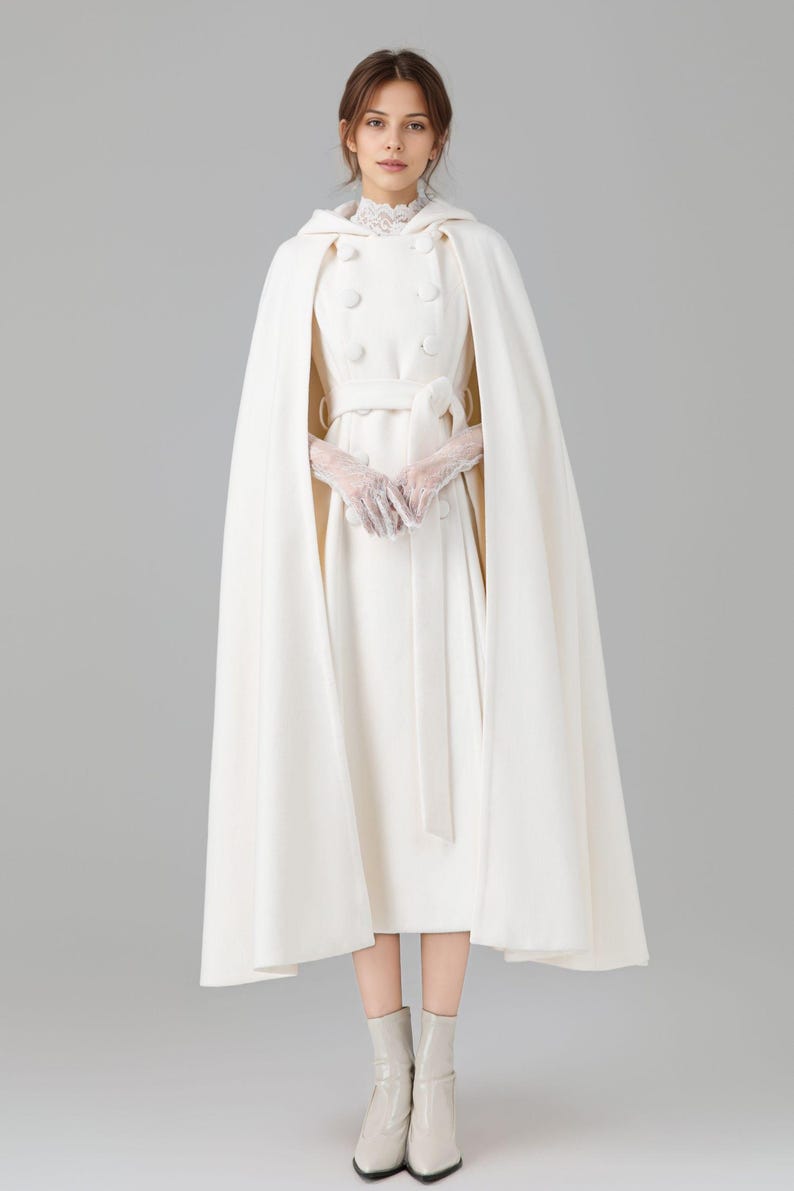 Ivory Wool Hooded Bridal Cape – Handmade Winter Wedding Cloak With Belt ...