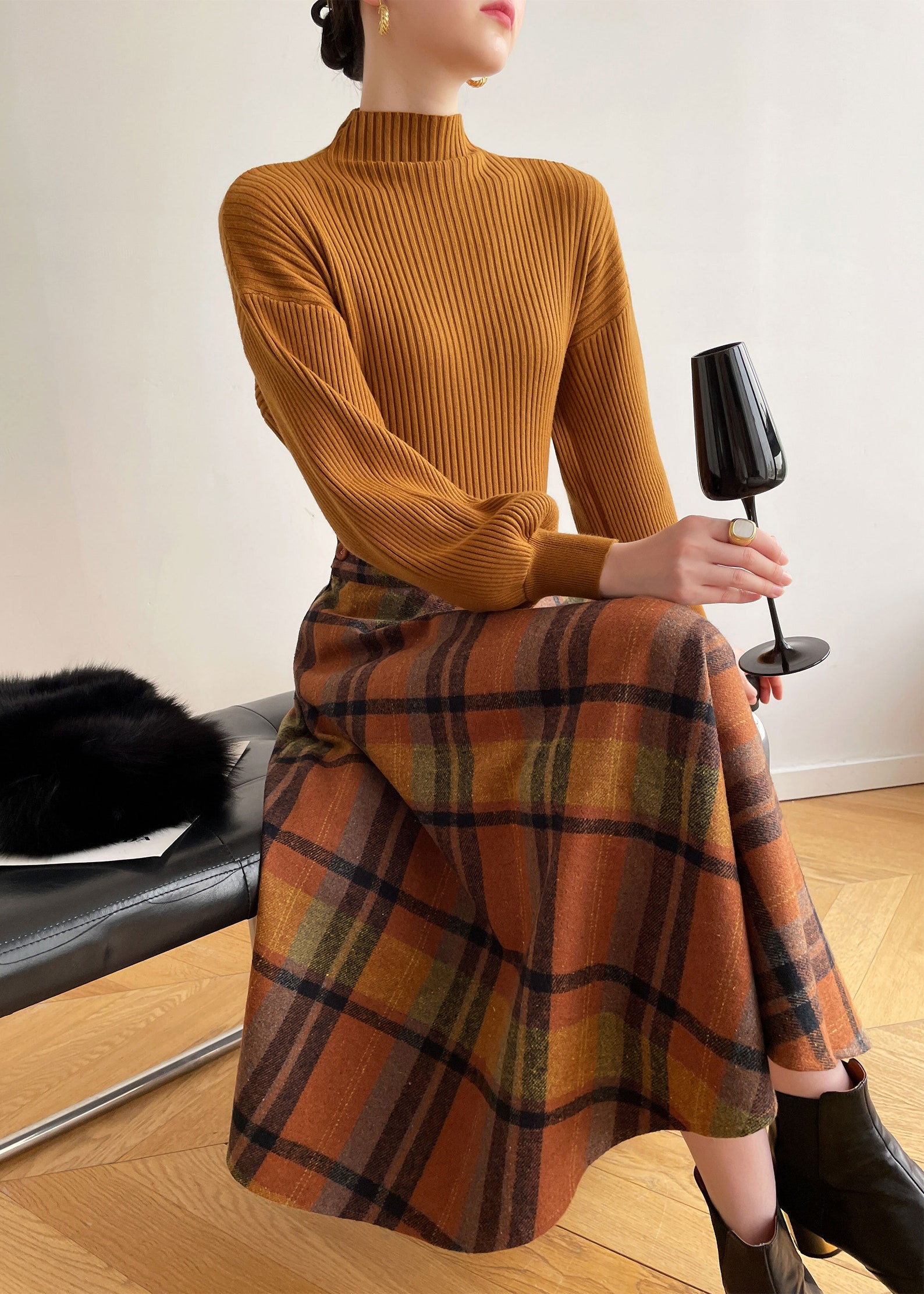 Plaid Wool Midi Skirt Women Plaid Skirt Wool Circle Skirt Etsy